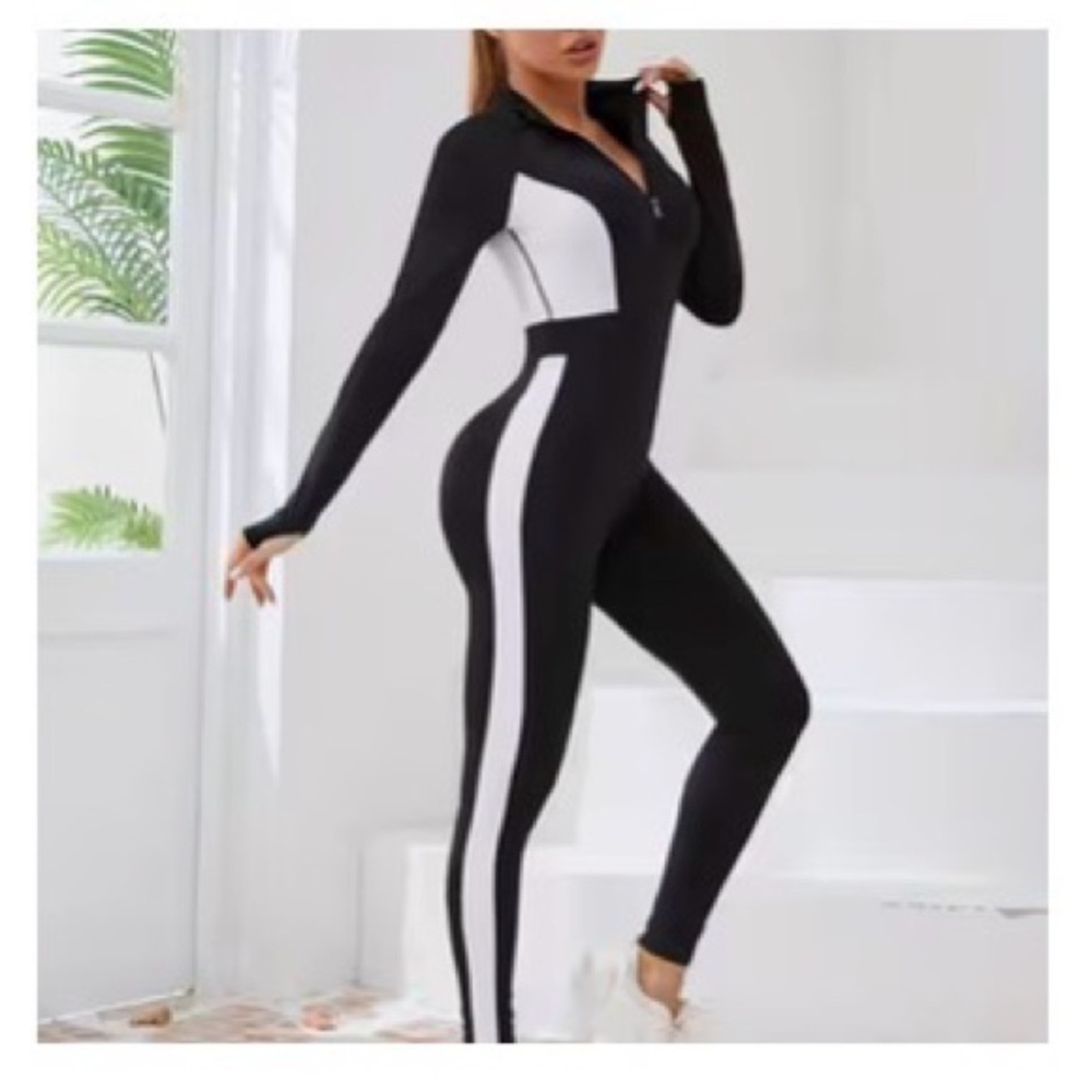 Black and White Long-Sleeve Women's Jumpsuit, with Thumb Holes, Size S